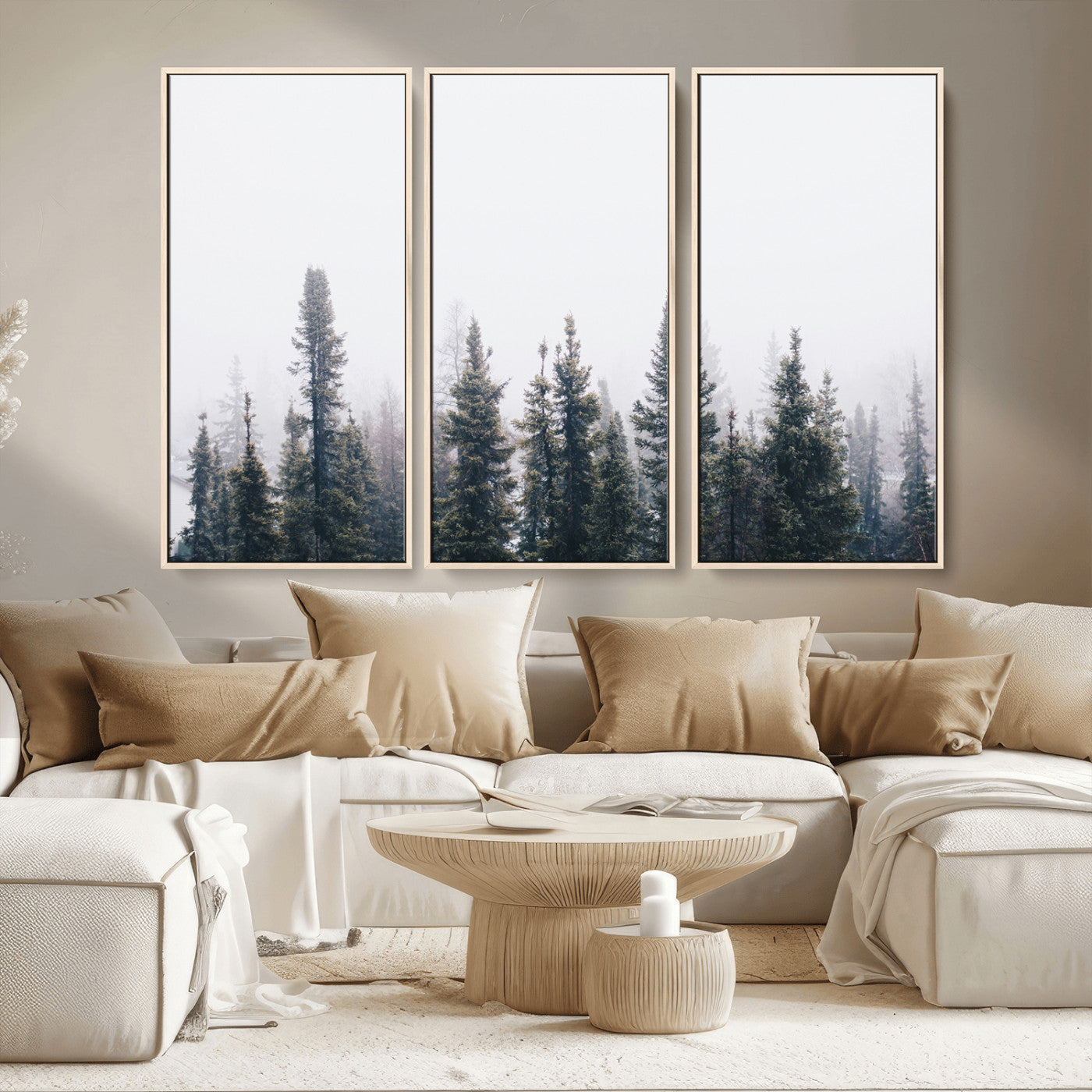 42364796-MGV-CV-36X24-Foggy Forest Wall Art Canvas Print, Framed Misty Pines Art Picture Print, Moody Woodland Perfect Scandinavian Minimalist Decor