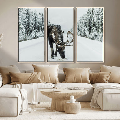 13316292-MGV-CV-36X24-Moose in Snow Wall Art Canvas Print, Framed Winter Wildlife Art Picture Print, Snowy Forest Scene Perfect Rustic Lodge Decor