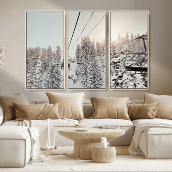 91534512-MGV-CV-36X24-Frosty Pines Wall Art Canvas Print, Framed Cozy Cabin View Art Picture Print, Ski Lift Ride Perfect Rustic Lodge Decor Artwork
