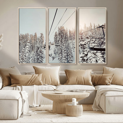 91534512-MGV-CV-36X24-Frosty Pines Wall Art Canvas Print, Framed Cozy Cabin View Art Picture Print, Ski Lift Ride Perfect Rustic Lodge Decor Artwork