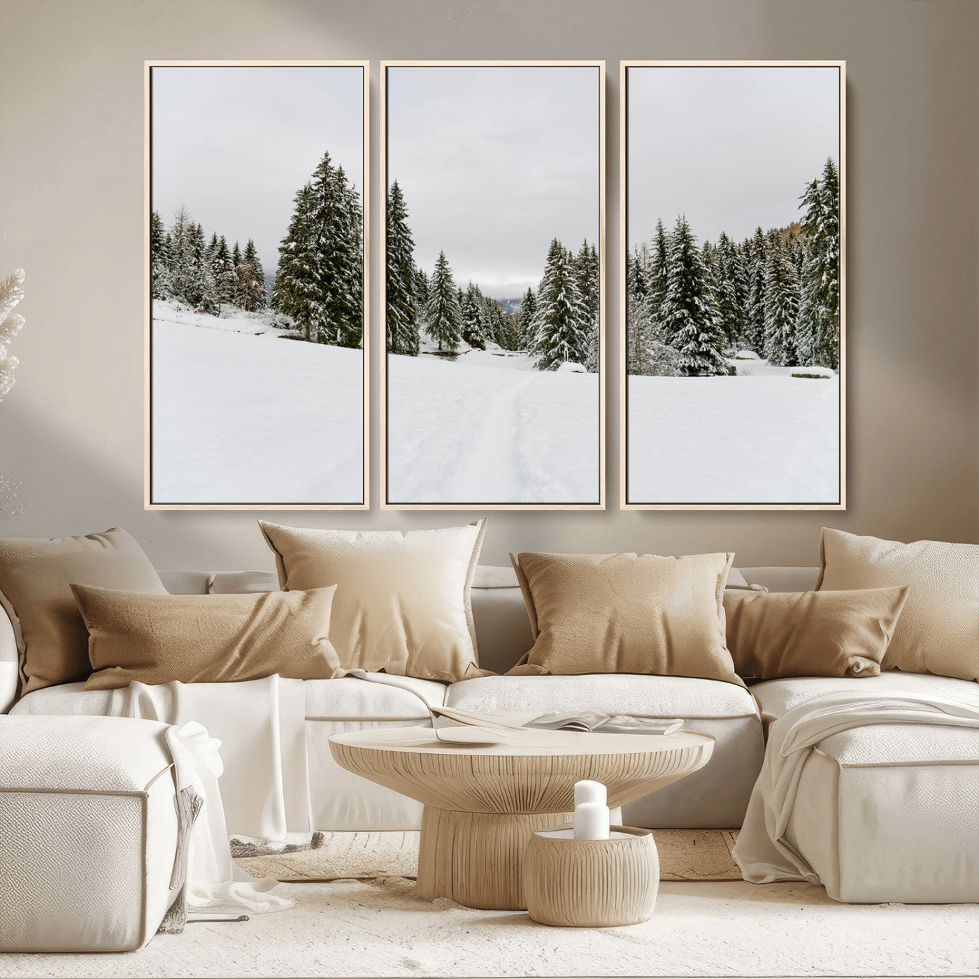 24581417-MGV-CV-36X24-Frosty Pines Wall Art Canvas Print, Framed Silent Snowfall Art Picture Print, Cozy Cabin Vibes Perfect Nordic Minimalist Decor