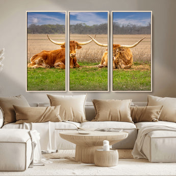 54598515-MGV-CV-36X24-Texas Longhorns Wall Art – Rustic Cattle Ranch Canvas Print, Western Farmhouse Animal Photography Decor for Living Room, Office,