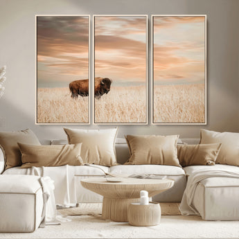 20306324-MGV-FC-48X32-3P_Natural-Bison Wall Art – Lone American Buffalo Prairie Sunset Canvas Print, Rustic Western Wildlife Photography Decor for Living Room,