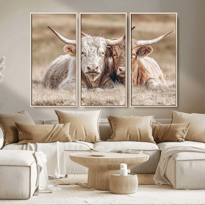 38651722-MGV-CV-36X24-Cow Wall Art – Rustic Longhorn Pair Canvas Print, Western Farmhouse Animal Painting, Country Ranch Decor for Living Room, Bedroom,