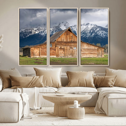 15173627-MGV-FC-48X32-3P_Natural-Barn Wall Art – Rustic Wooden Cabin Canvas Print with Snowy Mountain Landscape, Western Farmhouse Country Decor for Living Room,