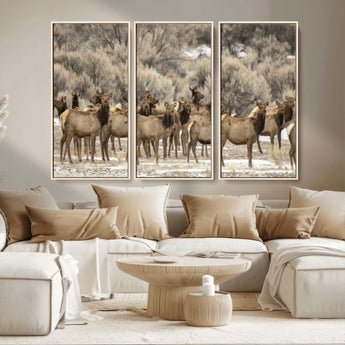 93076148-MGV-CV-36X24-Elk Herd Wall Art – Wildlife Canvas Print of Elk in Winter Landscape, Rustic Western Cabin & Lodge Décor, Nature Photography for