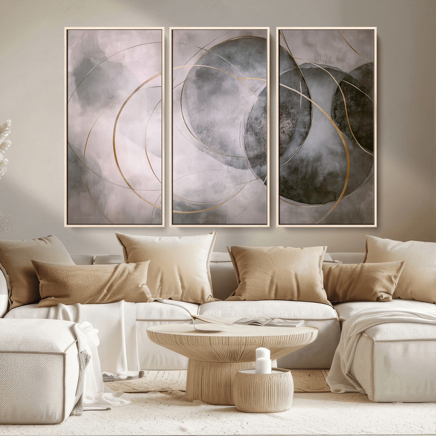 20066876-MGV-CV-36X24-Neutral Abstract Circle Wall Art – Modern Gray Beige Gold Canvas Print, Minimalist Geometric Painting for Bedroom, Living Room,