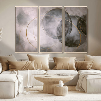 20066876-MGV-CV-36X24-Neutral Abstract Circle Wall Art – Modern Gray Beige Gold Canvas Print, Minimalist Geometric Painting for Bedroom, Living Room,