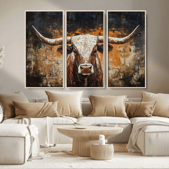 25265572-MGV-CV-36X24-Longhorn Bull Wall Art – Rustic Western Texas Steer Canvas Print, Textured Animal Painting for Home, Office, Man Cave or Farmhouse