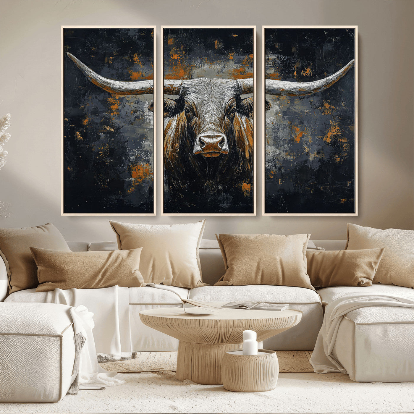 93195031-MGV-CV-36X24-Dark Longhorn Bull Wall Art – Western Steer Canvas Print, Moody Rustic Animal Painting for Man Cave, Ranch House, Office or Modern