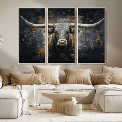 93195031-MGV-CV-36X24-Dark Longhorn Bull Wall Art – Western Steer Canvas Print, Moody Rustic Animal Painting for Man Cave, Ranch House, Office or Modern