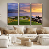 39644075-MGV-FC-48X32-3P_Natural-Golf Course Wall Art – Coastal Sunset Canvas Print, Scenic Oceanfront Fairway Landscape Decor for Office, Man Cave, or Living Room