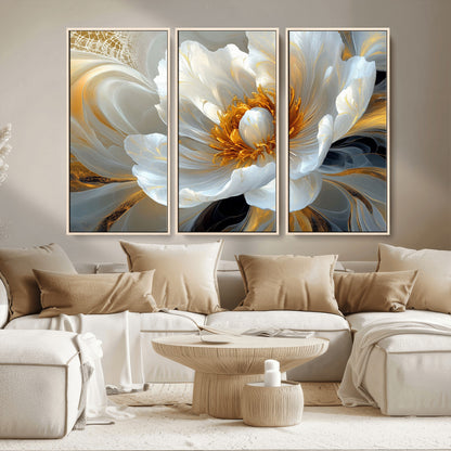39604126-MGV-CV-36X24-Abstract Flower Wall Art – Elegant White and Gold Bloom Canvas Print, Modern Floral Artwork for Bedroom, Living Room, or Office