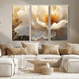 29539087-MGV-CV-36X24-Floral Wall Art – Elegant White and Gold Bloom Canvas Print, Romantic Modern Flower Artwork for Bedroom, Living Room, or Office