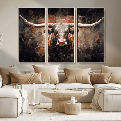 24779067-MGV-CV-36X24-Longhorn Bull Wall Art – Western Rustic Canvas Print, Bold Cowboy Cattle Painting for Ranch House, Farmhouse, Office, or Living