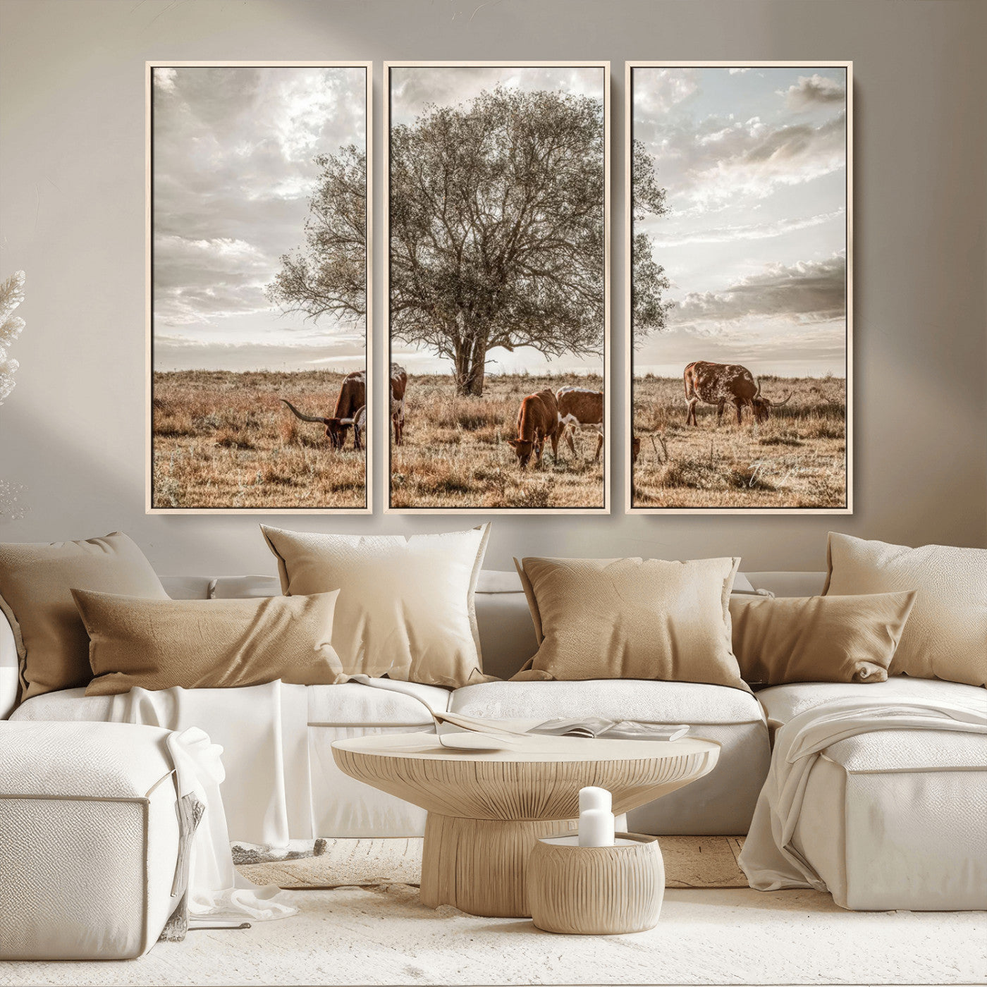 87590224-MGV-CV-36X24-Longhorn Cattle Wall Art – Rustic Western Landscape Canvas Print, Texas Farmhouse Prairie Scene for Living Room, Office, or Ranch