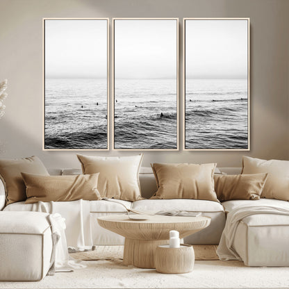 47208268-MGV-CV-36X24-Surfer Ocean Wall Art – Black and White Coastal Canvas Print, Minimalist Surfing Seascape Decor for Living Room, Bedroom, or Beach