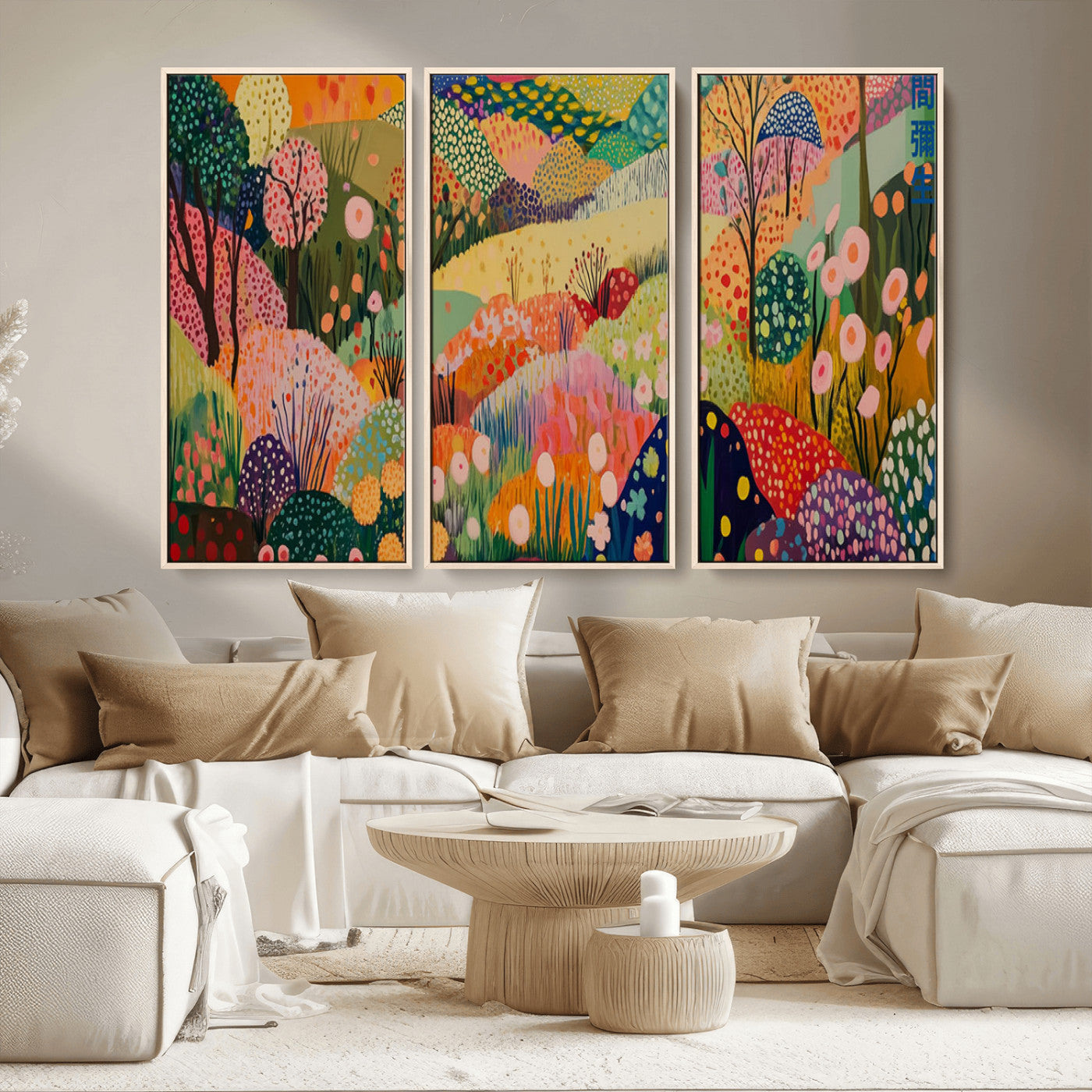 79636380-MGV-FC-48X32-3P_Natural-Colorful Abstract Landscape Wall Art – Vibrant Hills and Flowers Canvas Print, Modern Whimsical Artwork for Living Room, Bedroom,