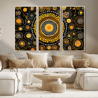 45478523-MGV-CV-36X24-Abstract Circle Wall Art – Bold Black and Gold Dot Painting Canvas Print, Modern Geometric Mandala Style Decor for Living Room or
