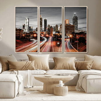 59097239-MGV-CV-36X24-City Skyline Wall Art – Modern Black and White Night Canvas Print with Red Light Trails, Urban Landscape Decor for Living Room or