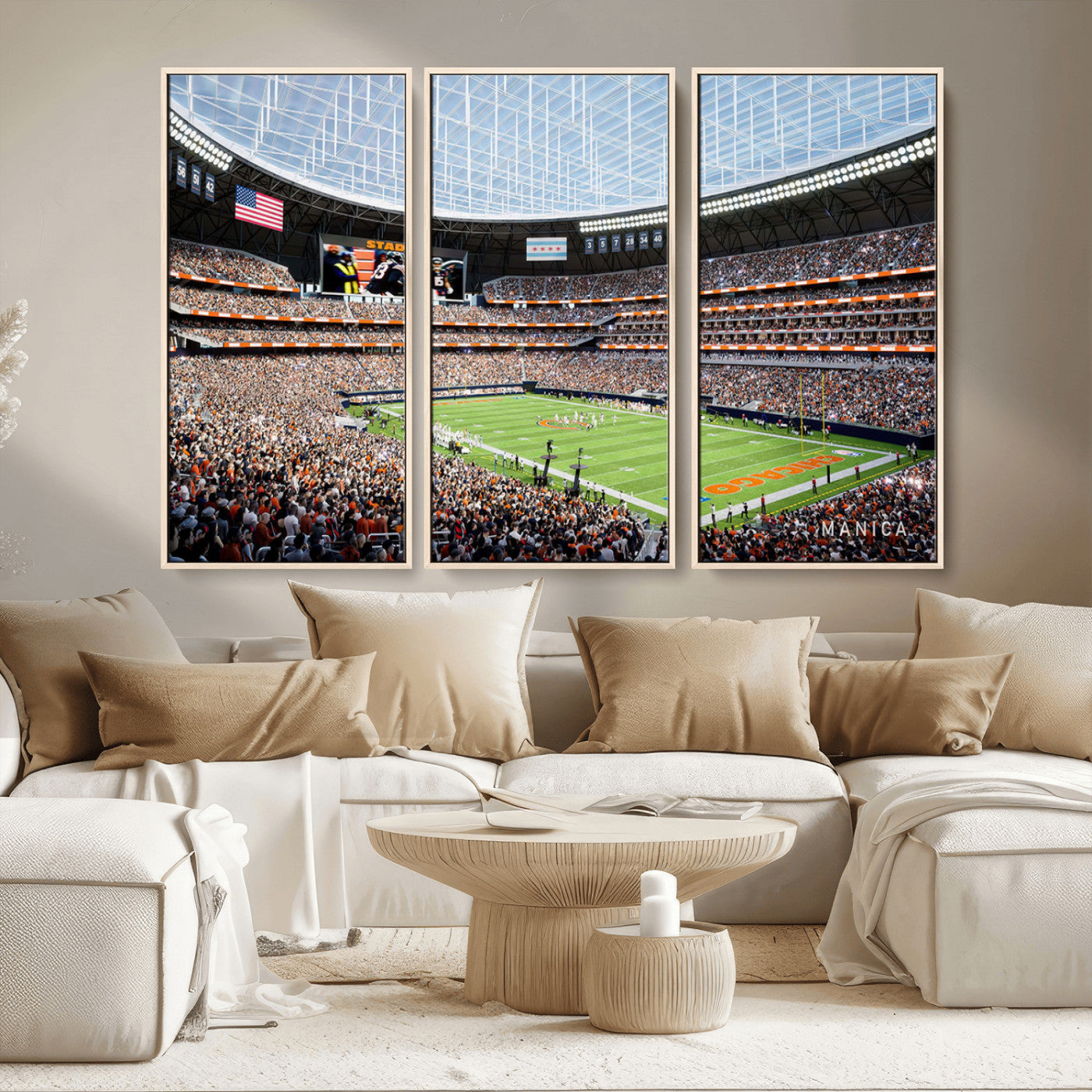 32530647-MGV-CV-36X24-Chicago Bears Stadium Wall Art – Futuristic Dome Arena Canvas Print, Modern Football Concept Design Decor for Man Cave, Bar, or