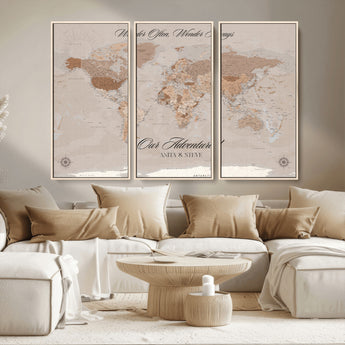 95243244-MGV-CV-36X24-Wander Often Wonder Always World Map Wall Art – Neutral Beige Adventure Canvas Print, Rustic Boho Travel Decor for Bedroom, Living