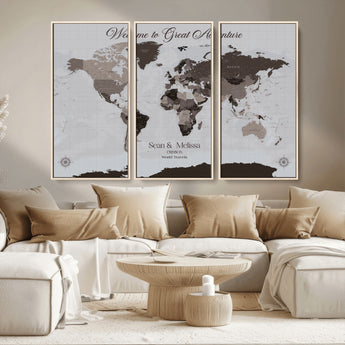 43749658-MGV-CV-36X24-Welcome to Great Adventure World Map Wall Art – Charcoal Gray Canvas Print, Rustic Travel Decor for Living Room, Study, Office or