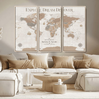 63516865-MGV-CV-36X24-Explore Dream Discover World Map Wall Art – Inspirational Travel Adventure Canvas Print, Neutral Parchment Style Explorer Decor