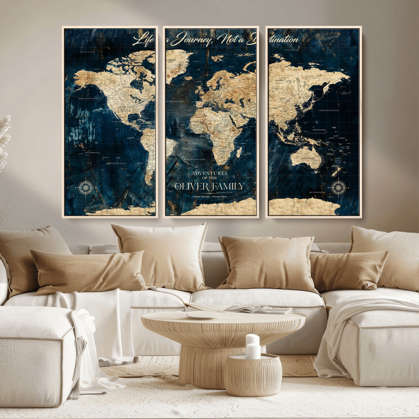 36970886-MGV-CV-36X24-Life is a Journey Not a Destination World Map Rustic Navy Beige Vintage Travel Wall Art Adventure Quote Canvas Print for Home