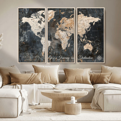 37848568-MGV-CV-36X24-Life is a Journey Not a Destination World Map Rustic Wood Texture Vintage Beige Navy Adventure Wall Art Canvas Print for Home