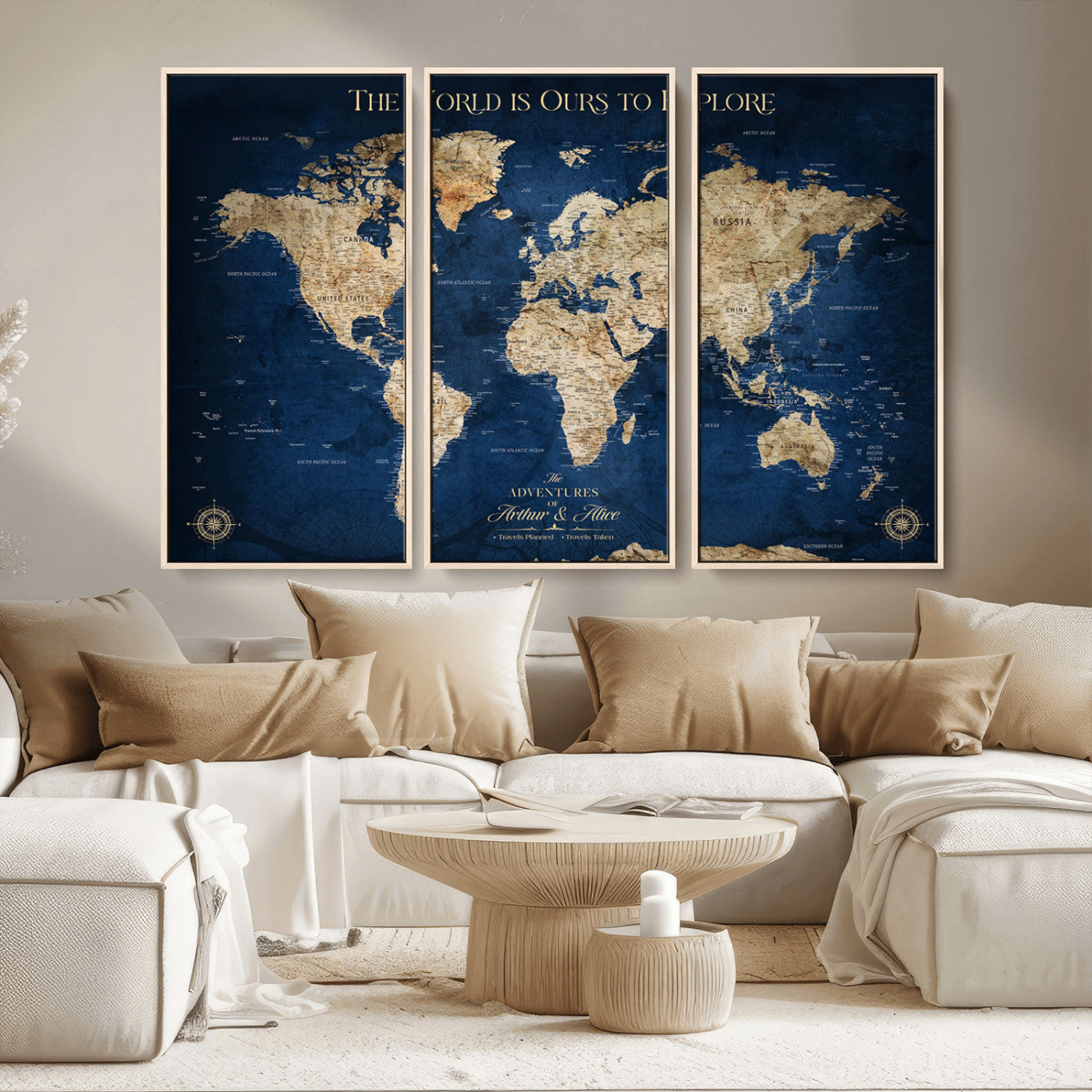 54782997-MGV-CV-36X24-The World is Ours to Explore Wall Art – Blue World Map Canvas Print, Adventure Travel Decor for Home, Office or Living Room,