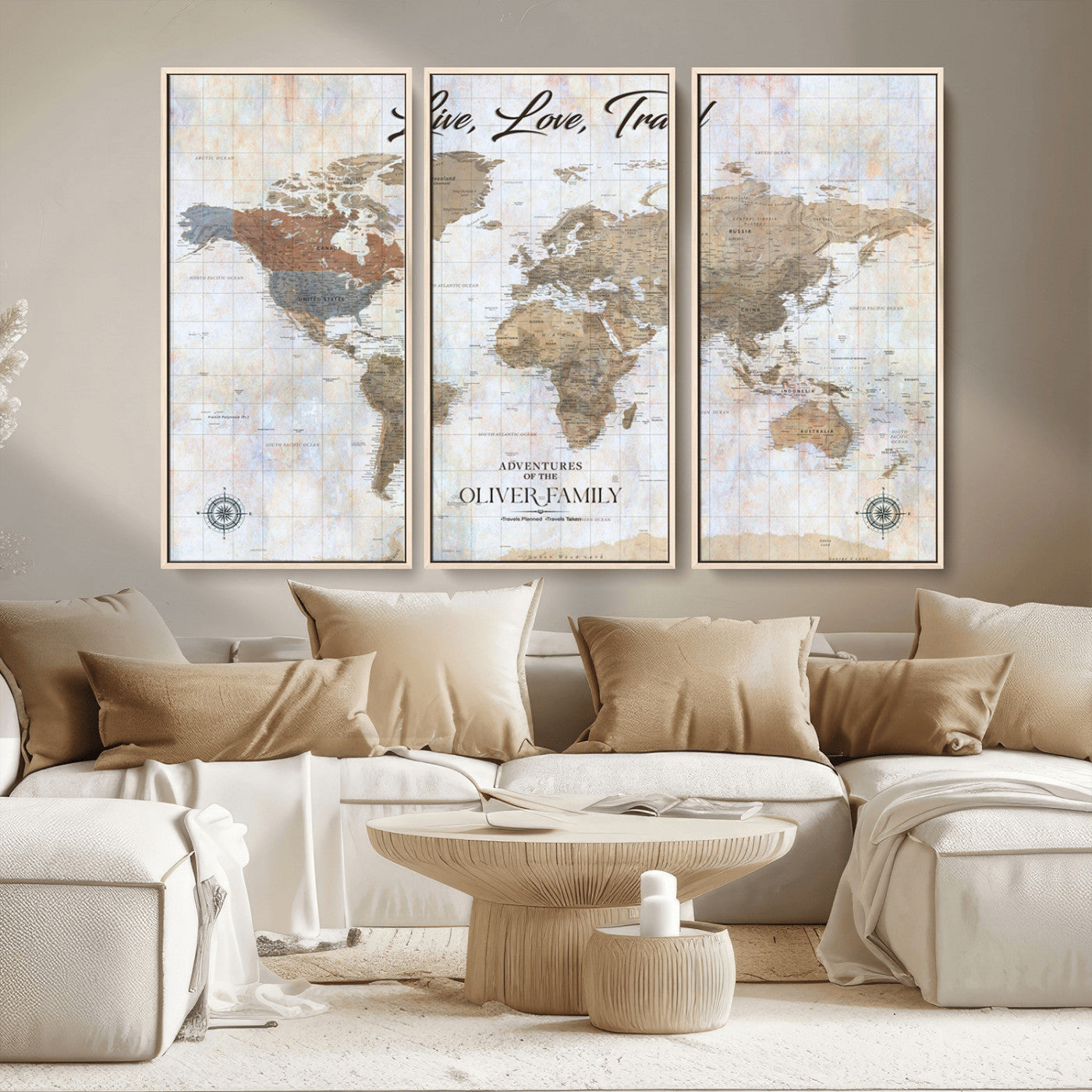 43924907-MGV-CV-36X24-Live Love Travel Wall Art – Neutral World Map Canvas Print, Rustic Adventure Decor for Home, Office or Living Room, Unique Gift