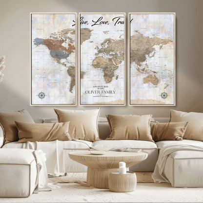 43924907-MGV-CV-36X24-Live Love Travel Wall Art – Neutral World Map Canvas Print, Rustic Adventure Decor for Home, Office or Living Room, Unique Gift