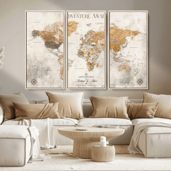 99422096-MGV-CV-36X24-Adventure Awaits World Map Wall Art – Neutral Beige Canvas Print, Modern Travel Inspired Wall Decor for Living Room, Bedroom or