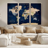 43160428-MGV-CV-36X24-Adventure Awaits Navy Blue World Map – Vibrant Travel Canvas Wall Art, Antique Atlas Print, Wanderlust Decor for Home Office