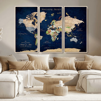 43160428-MGV-CV-36X24-Adventure Awaits Navy Blue World Map – Vibrant Travel Canvas Wall Art, Antique Atlas Print, Wanderlust Decor for Home Office