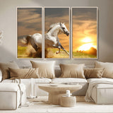 44295212-MGV-CV-36X24-Horse Wall Art – Running White Stallion Canvas Print with Sunset Background, Western Wildlife Decor for Living Room, Office, or