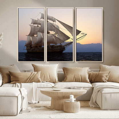 31270610-MGV-CV-36X24-Sailing Ship Wall Art – Sunset Seascape Canvas Print with Tall Ship at Sea, Nautical Ocean Decor for Living Room, Office, or