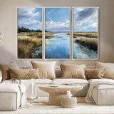 87082041-MGV-CV-36X24-Painted Marshland Canvas Wall Art – Serene Water Reflection, Blue Sky, Golden Grass Landscape, Calm Nature Decor for Home, Office,