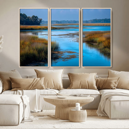 26300004-MGV-CV-36X24-Tranquil Marshland Canvas Wall Art – Blue Water, Reflective Sky, Golden Grasses, Calm Nature Landscape, Scenic Outdoor Beauty for