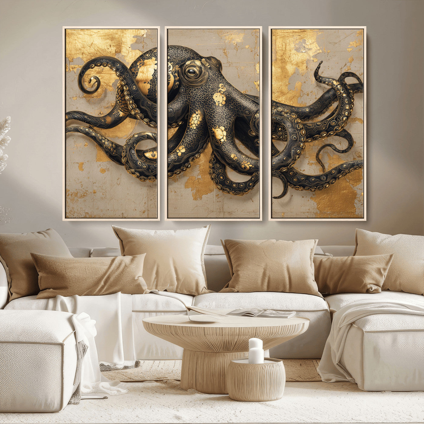 57944271-MGV-CV-36X24-Octopus Wall Art – Black and Gold Nautical Canvas Print, Modern Ocean Inspired Artwork with Elegant Detailing, Coastal Marine