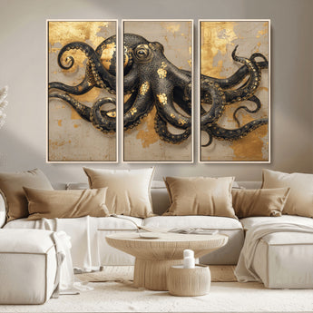 57944271-MGV-CV-36X24-Octopus Wall Art – Black and Gold Nautical Canvas Print, Modern Ocean Inspired Artwork with Elegant Detailing, Coastal Marine