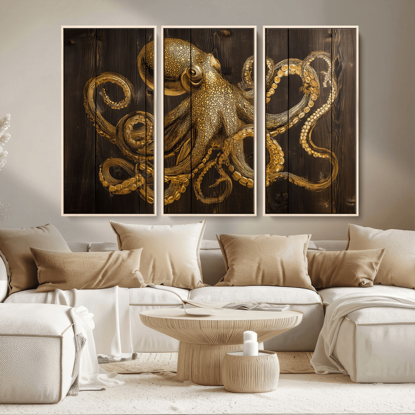 56769669-MGV-CV-36X24-Octopus Wall Art – Gold Nautical Canvas Print with Rustic Wood Panel Design, Detailed Marine Artwork for Coastal Ocean Decoration