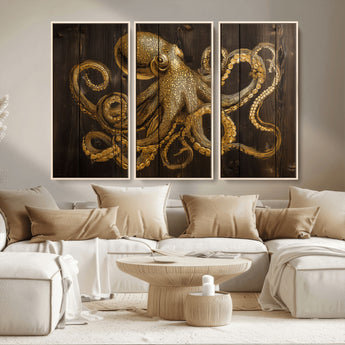 56769669-MGV-CV-36X24-Octopus Wall Art – Gold Nautical Canvas Print with Rustic Wood Panel Design, Detailed Marine Artwork for Coastal Ocean Decoration
