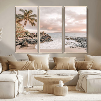 18005328-MGV-CV-36X24-Tropical Beach Wall Art – Coastal Ocean Canvas Print with Palm Tree, Sunset Sky and Rocky Shore, Serene Seascape Photography for