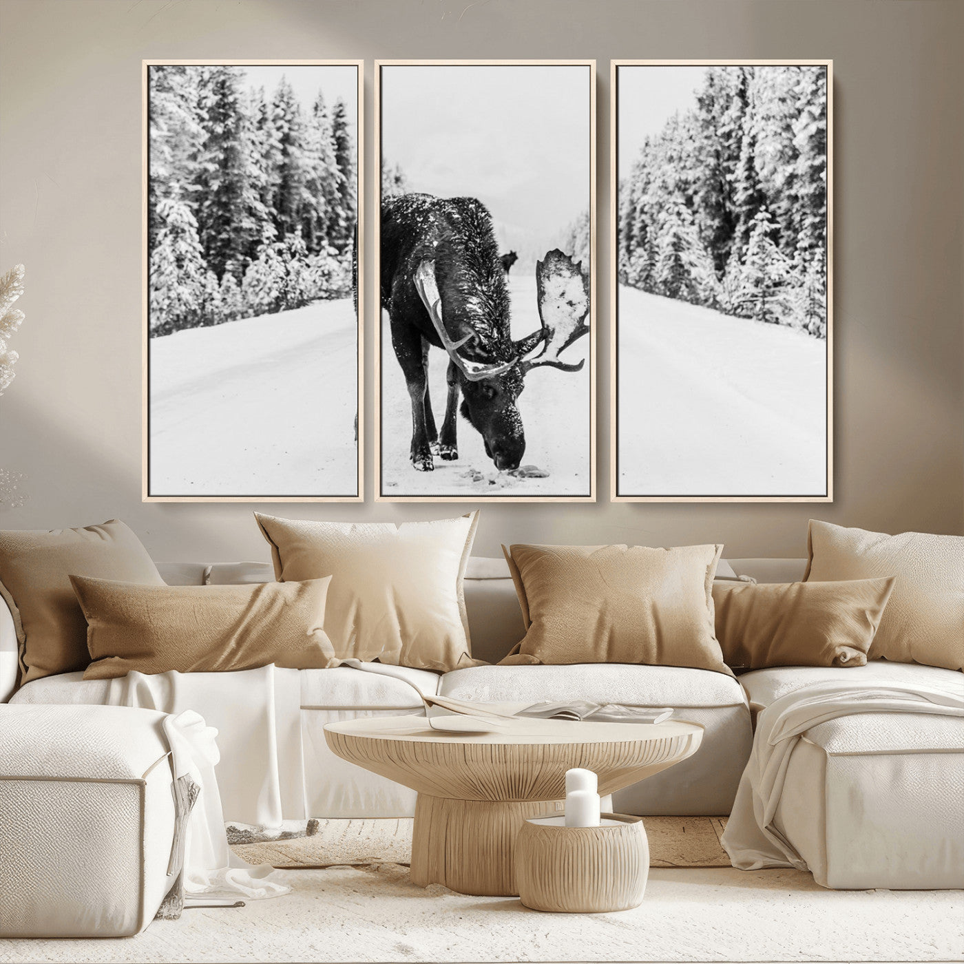 38956835-MGV-CV-36X24-Moose Winter Snowy Forest Canvas Wall Art – Wildlife Nature, Antlers in Frozen Landscape, Quiet Path, Cold Season Outdoors Print