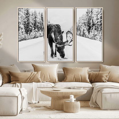 38956835-MGV-CV-36X24-Moose Wall Art – Black and White Wildlife Canvas Print with Snowy Forest Road, Rustic Nature Photography for Cabin, Lodge, Living