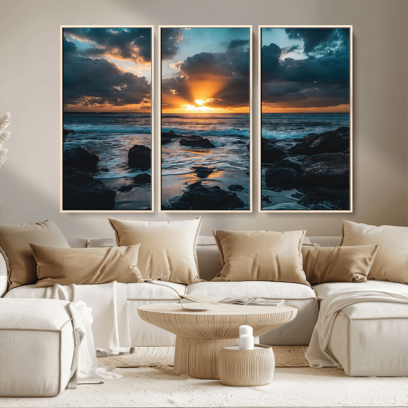 66040852-MGV-CV-36X24-Ocean Sunset Canvas Wall Art – Rocky Shore Waves, Dramatic Clouds, Golden Sun Rays, Coastal Nature, Serene Water Reflection for