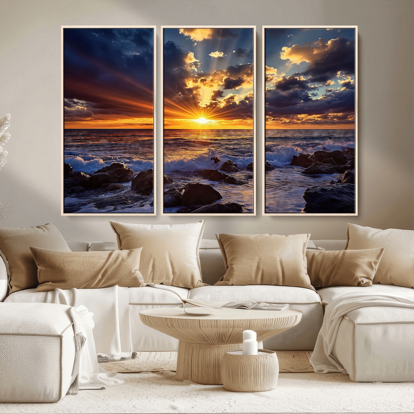 35900590-MGV-CV-36X24-Ocean Sunset Wall Art – Vivid Seascape Canvas Print with Sunburst Sky, Crashing Waves and Rocky Shore, Dramatic Coastal