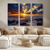 35900590-MGV-CV-36X24-Ocean Sunset Wall Art – Vivid Seascape Canvas Print with Sunburst Sky, Crashing Waves and Rocky Shore, Dramatic Coastal